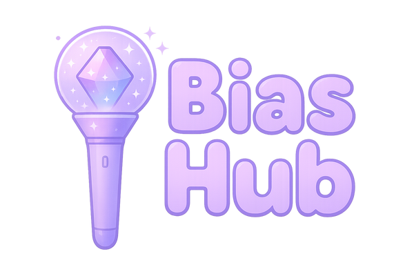 Nombre "Bias Hub" con lightstick inventado en tonos morados pastel con letra gruesa y redondeada